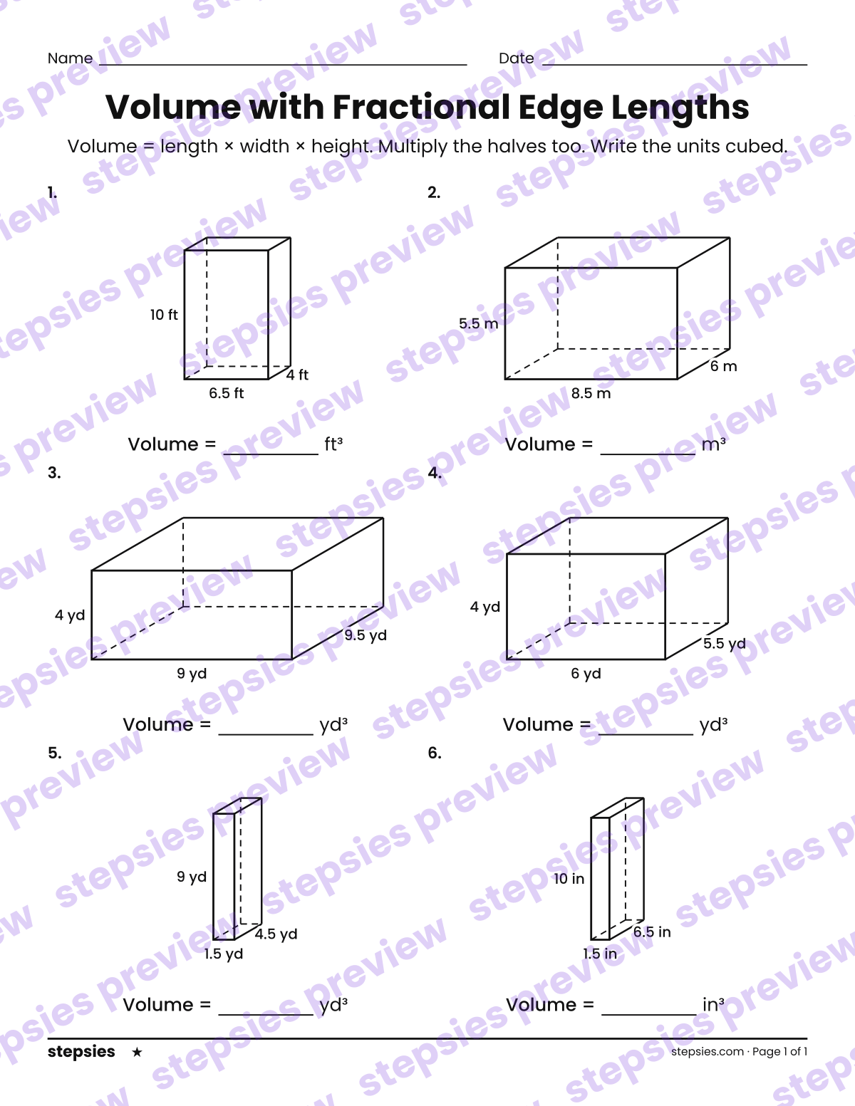 Volume with Fractional Edge Lengths: page 1 of a printable Grade 6 Math worksheet