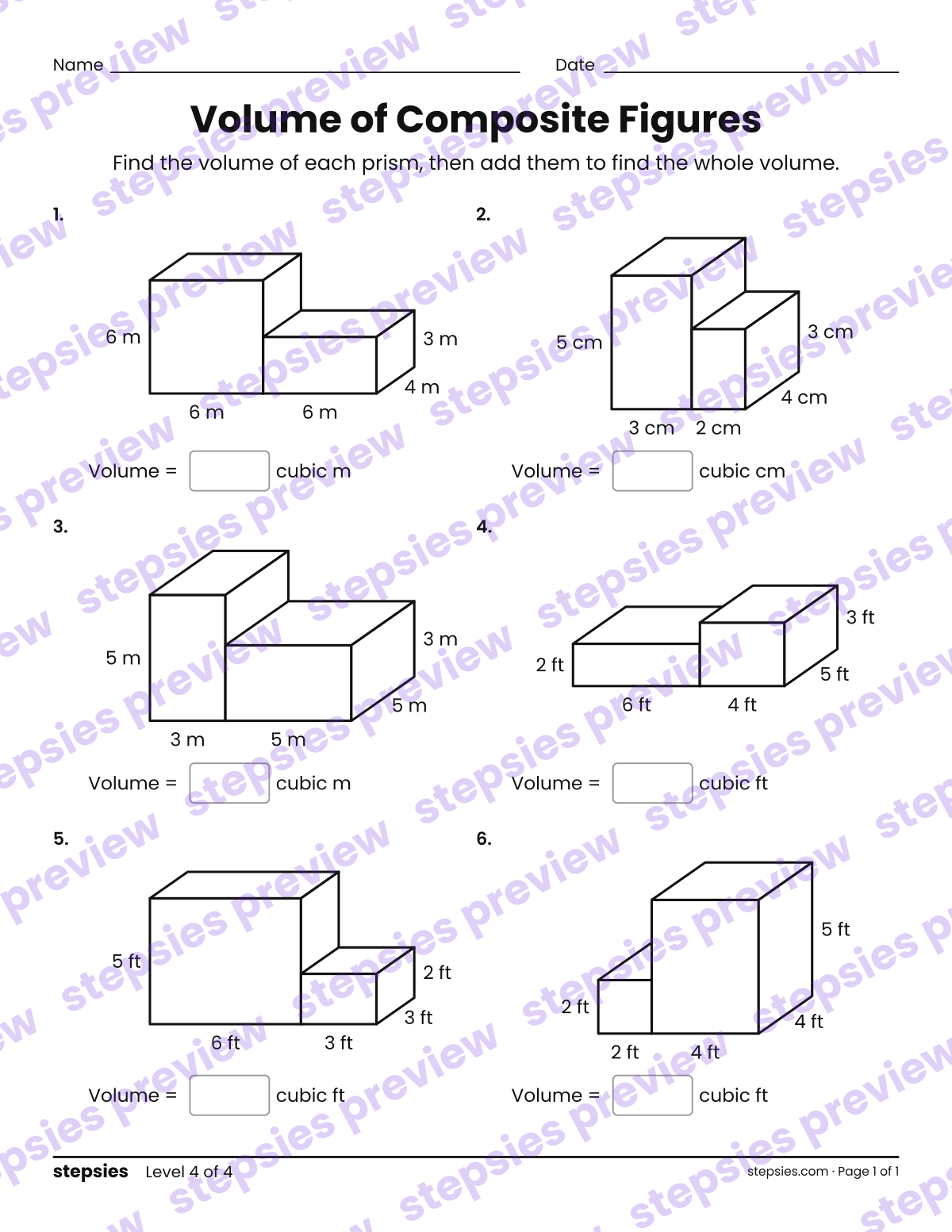 Volume of Composite Figures: page 1 of a printable Grade 5 Math worksheet