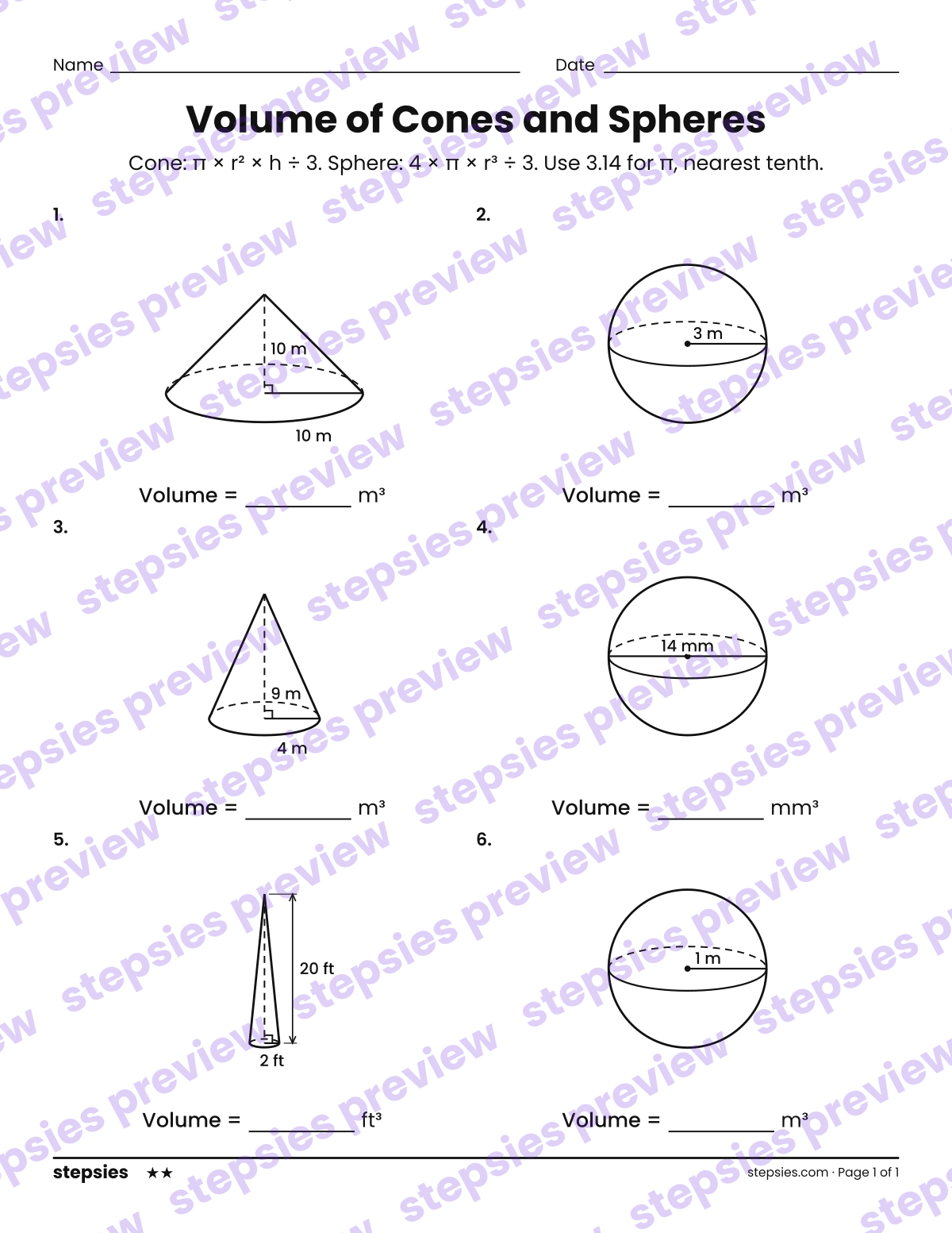 Volume of Cones and Spheres: page 1 of a printable Grade 8 Math worksheet
