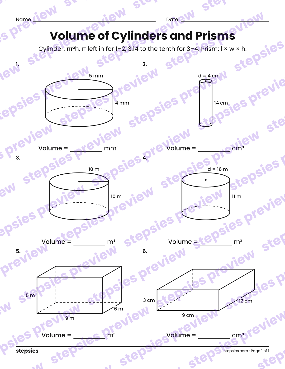 Volume of Cylinders and Prisms: page 1 of a printable Grade 7 Math worksheet