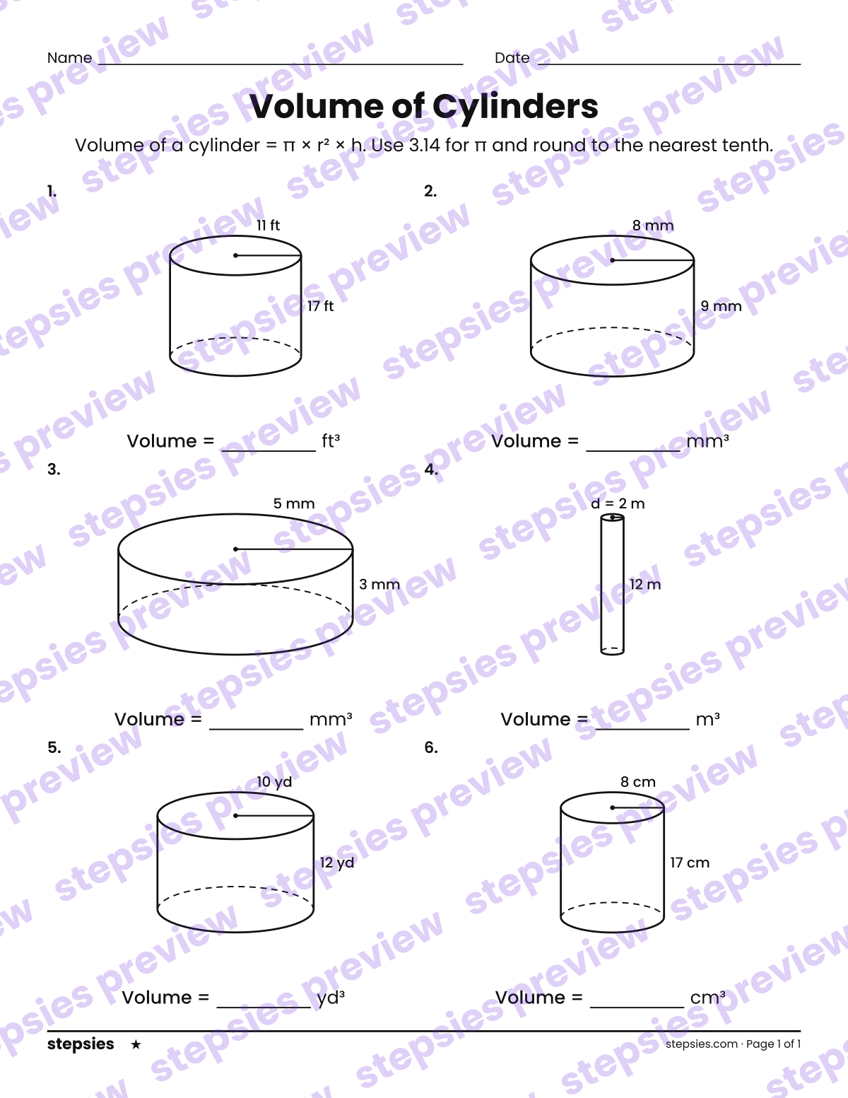 Volume of Cylinders: page 1 of a printable Grade 8 Math worksheet