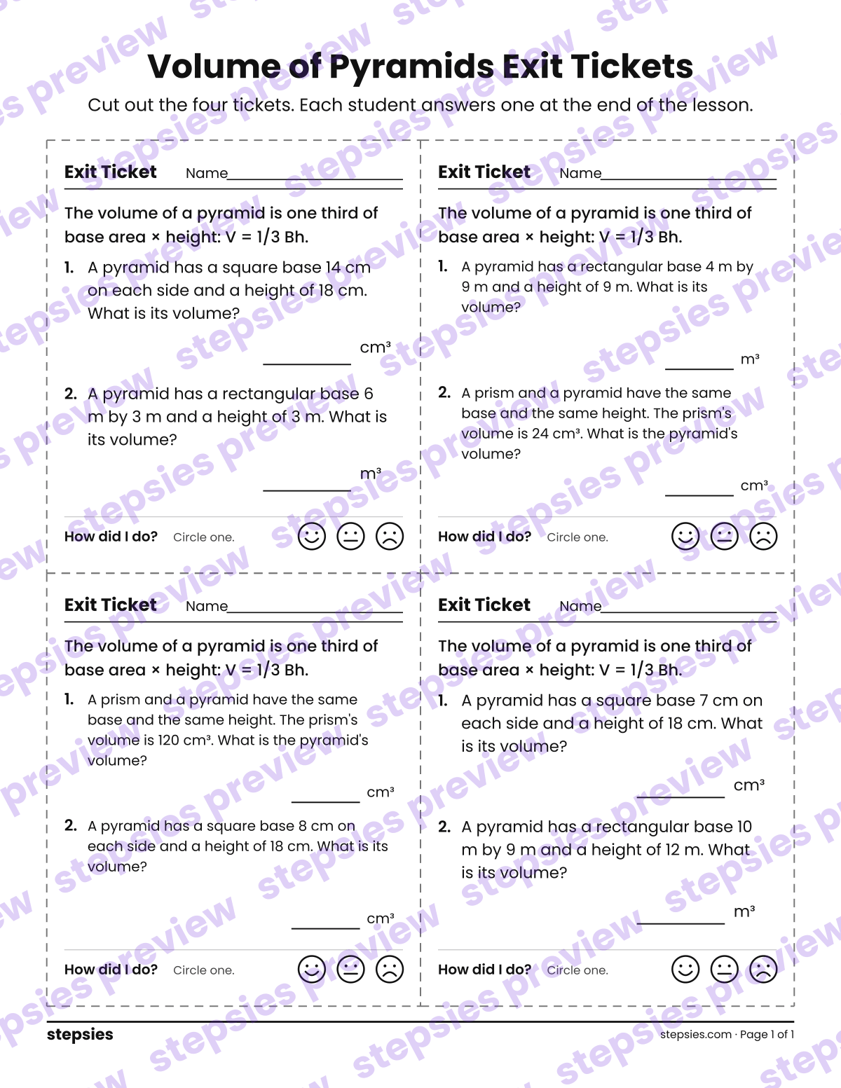 Volume of Pyramids Exit Tickets: page 1 of a printable Grade 7 Math worksheet