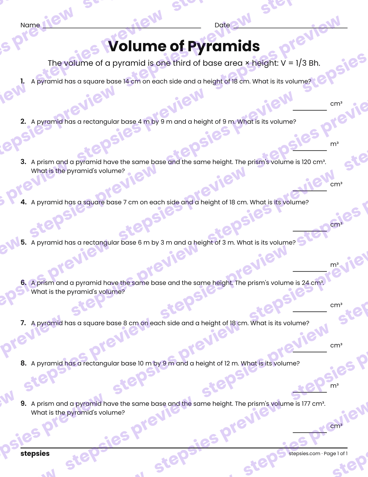 Volume of Pyramids: page 1 of a printable Grade 7 Math worksheet