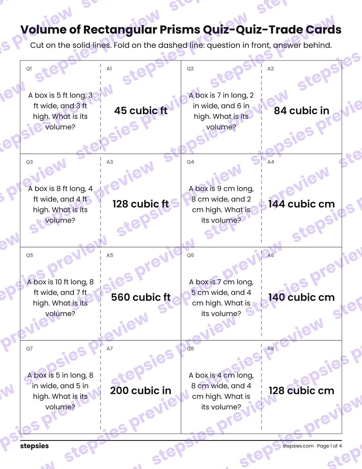 Volume of Rectangular Prisms: Quiz-Quiz-Trade Cards: page 1 of a printable Grade 5 Math worksheet