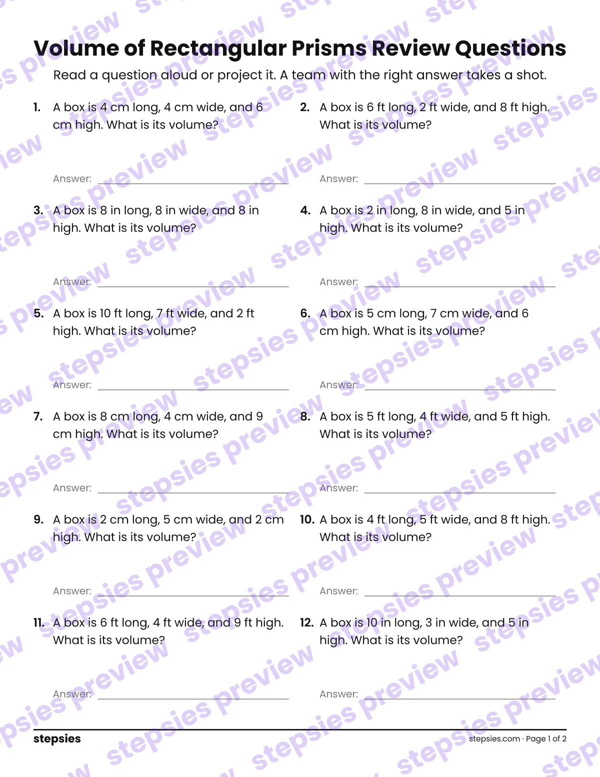 Volume of Rectangular Prisms: Trashketball Review Questions: page 1 of a printable Grade 5 Math worksheet