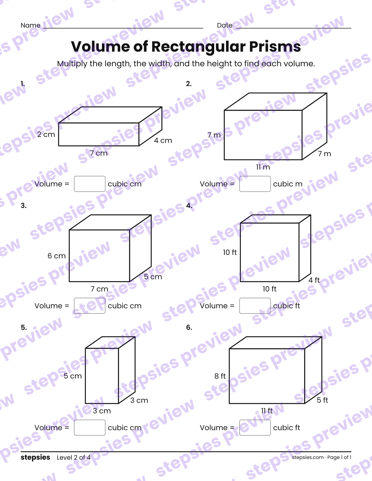 Volume of Rectangular Prisms: page 1 of a printable Grade 5 Math worksheet