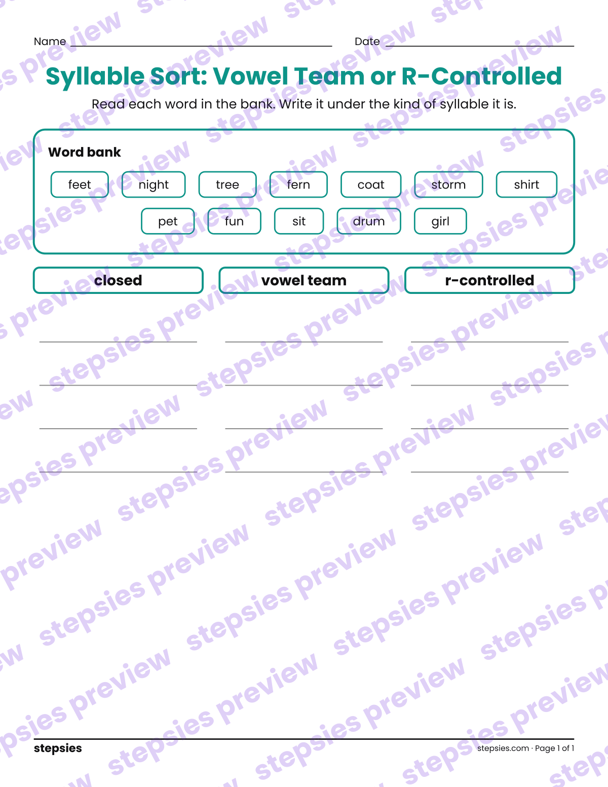 Syllable Sort: Vowel Team or R-Controlled: page 1 of a printable Grades 2 and 3 Language worksheet