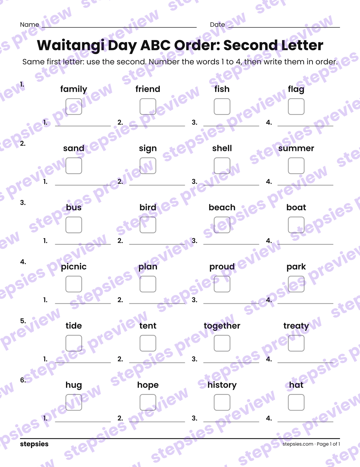 Waitangi Day ABC Order: Second Letter: page 1 of a printable Grades 1 and 2 Language worksheet