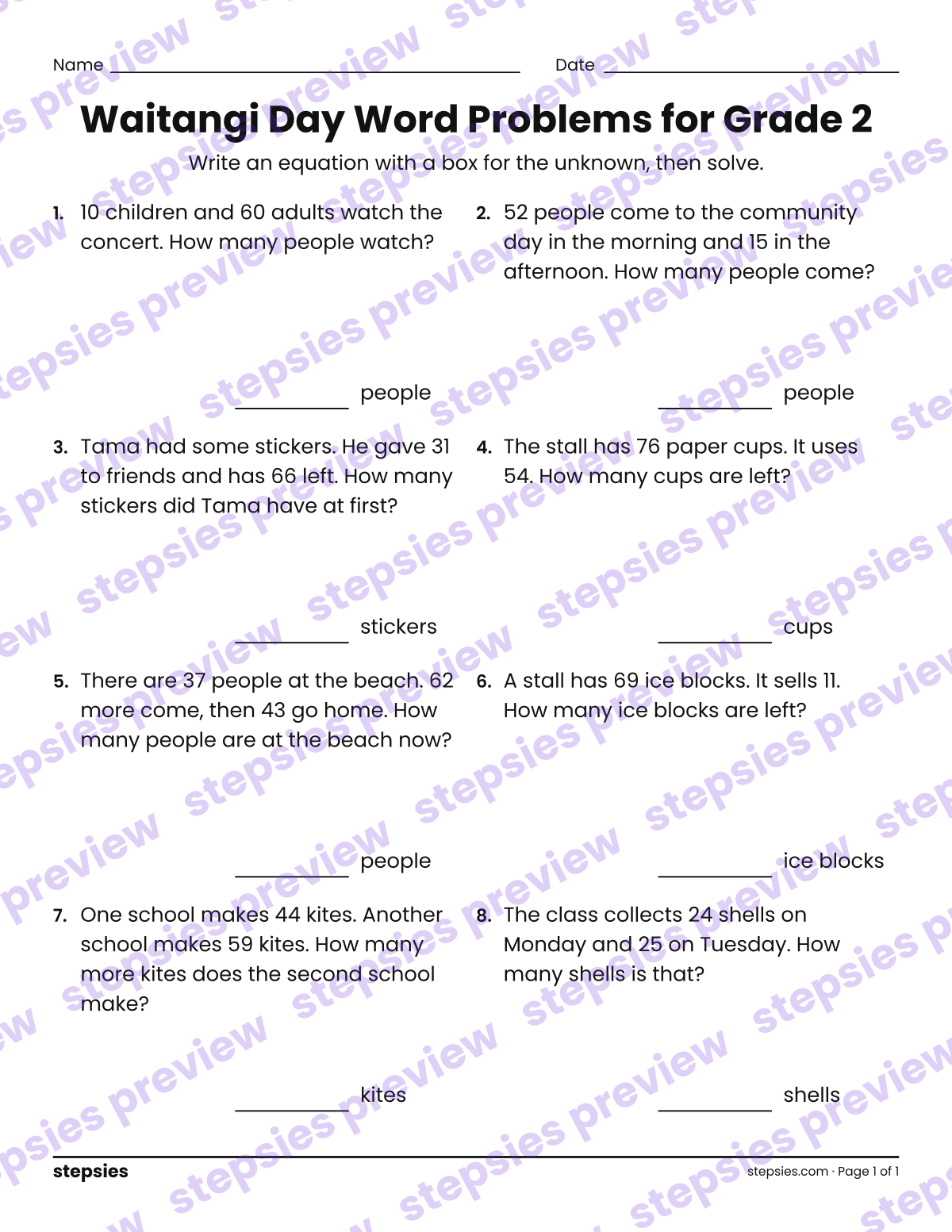 Waitangi Day Word Problems for Grade 2: page 1 of a printable Grade 2 Math worksheet