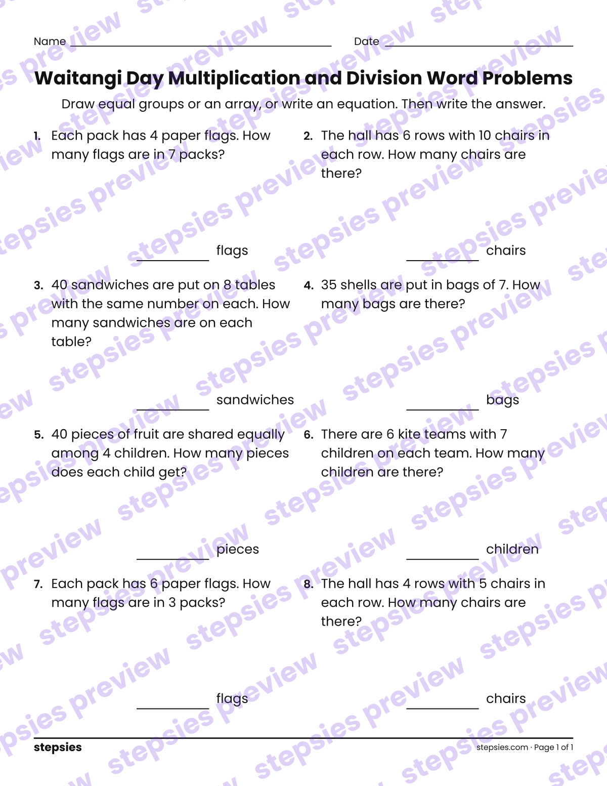Waitangi Day Multiplication and Division Word Problems: page 1 of a printable Grade 3 Math worksheet