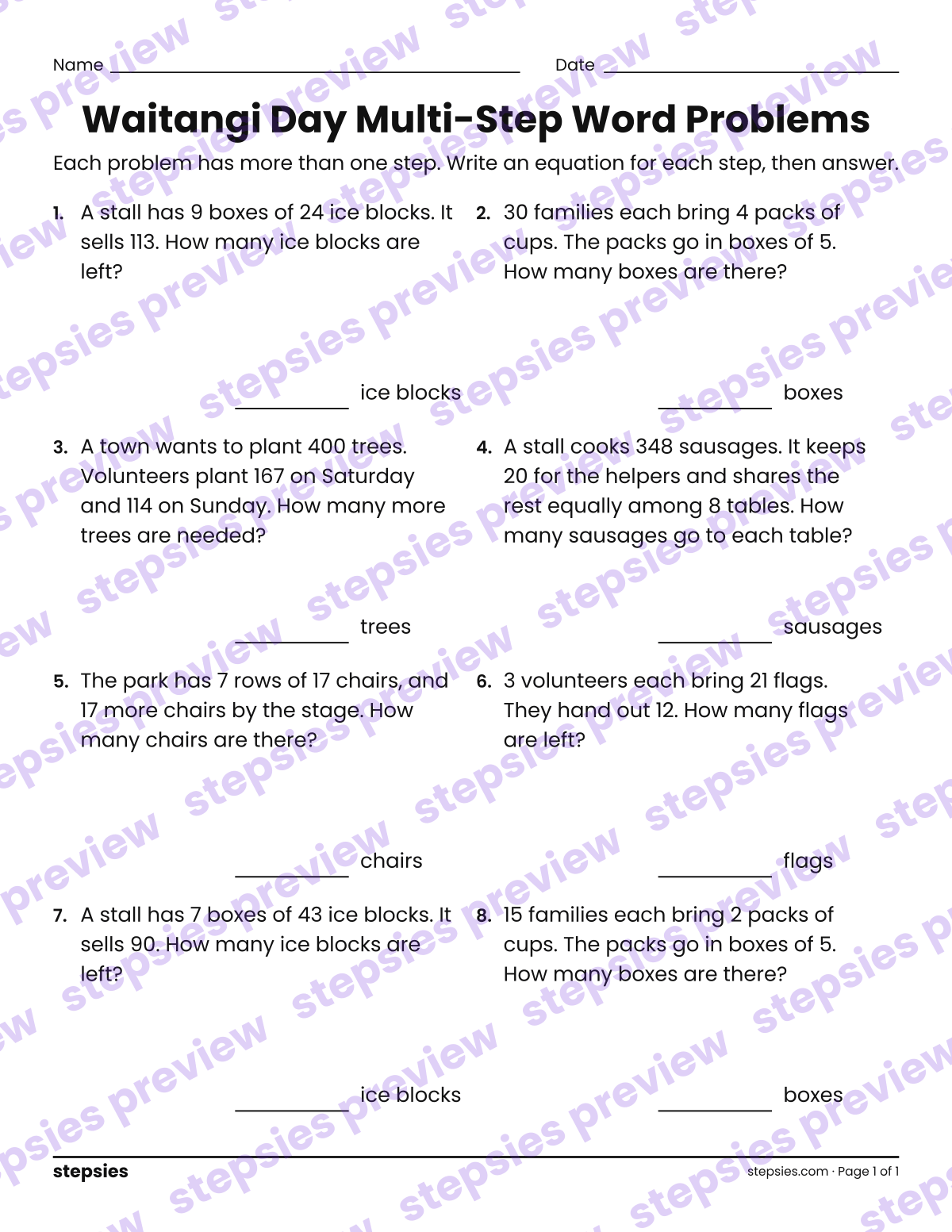 Waitangi Day Multi-Step Word Problems: page 1 of a printable Grade 4 Math worksheet