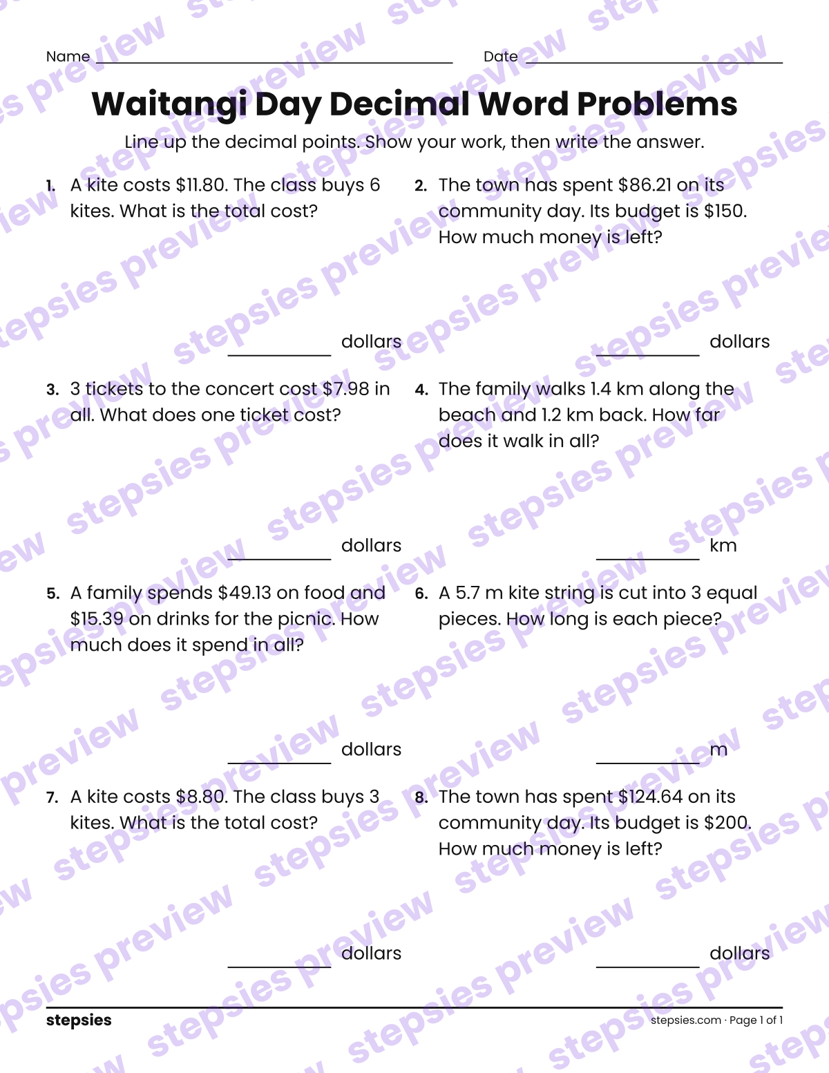 Waitangi Day Decimal Word Problems: page 1 of a printable Grade 5 Math worksheet