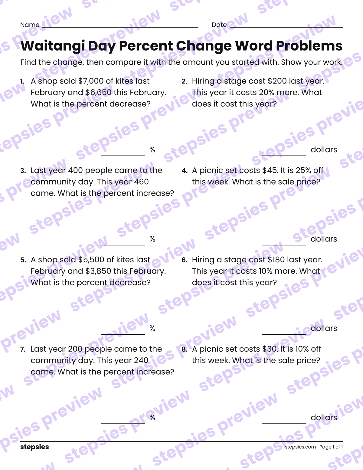 Waitangi Day Percent Change Word Problems: page 1 of a printable Grade 7 Math worksheet