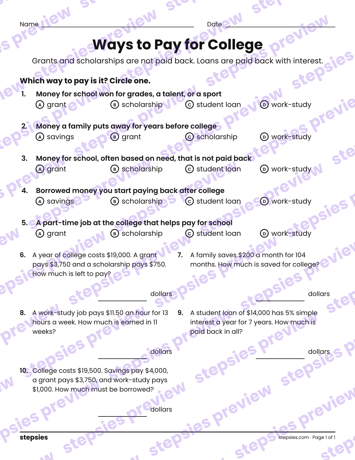 Ways to Pay for College: page 1 of a printable Grade 6 Math worksheet