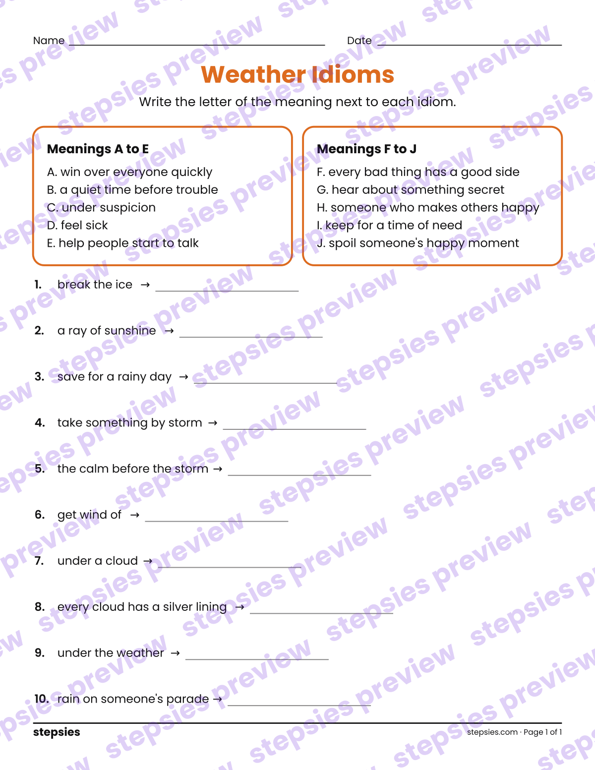 Weather Idioms: page 1 of a printable Grades 3–6 Language worksheet