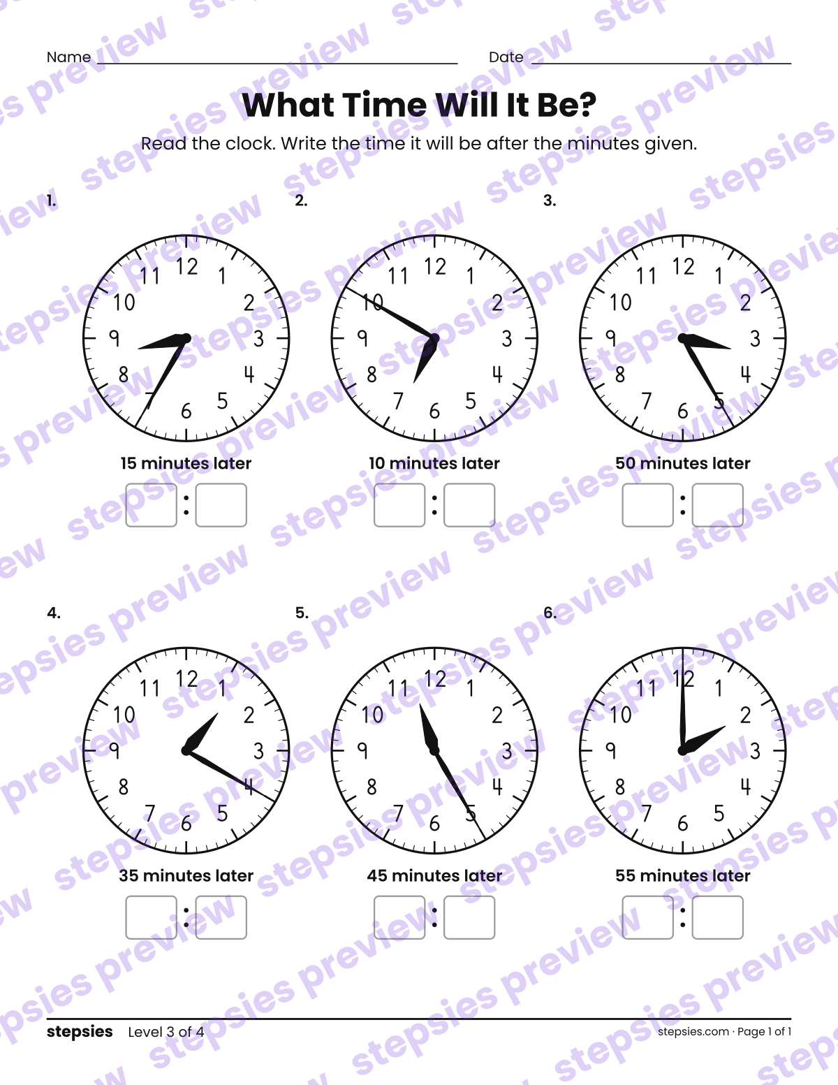 What Time Will It Be?: page 1 of a printable Grades 3 and 4 Math worksheet