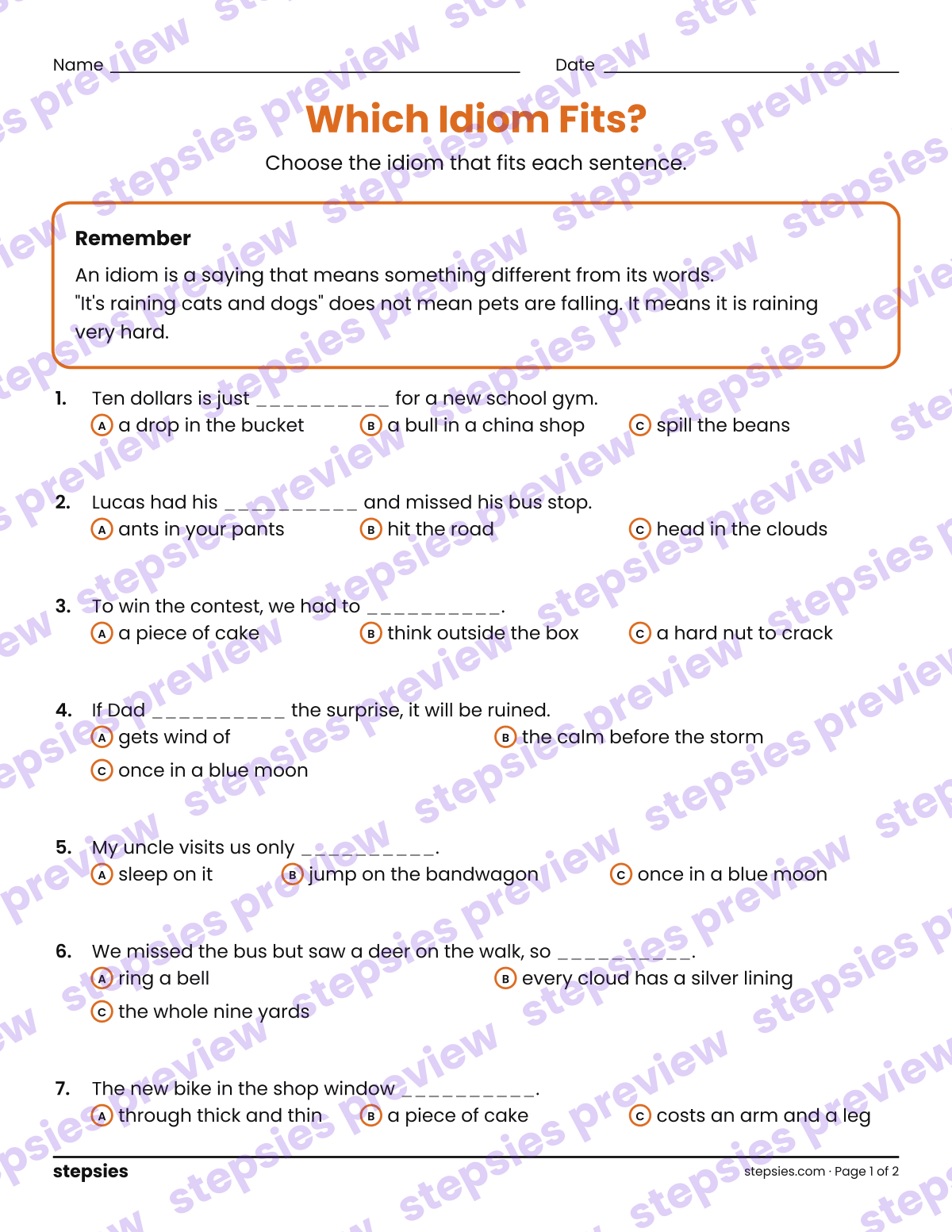 Which Idiom Fits?: page 1 of a printable Grades 4–6 Language worksheet