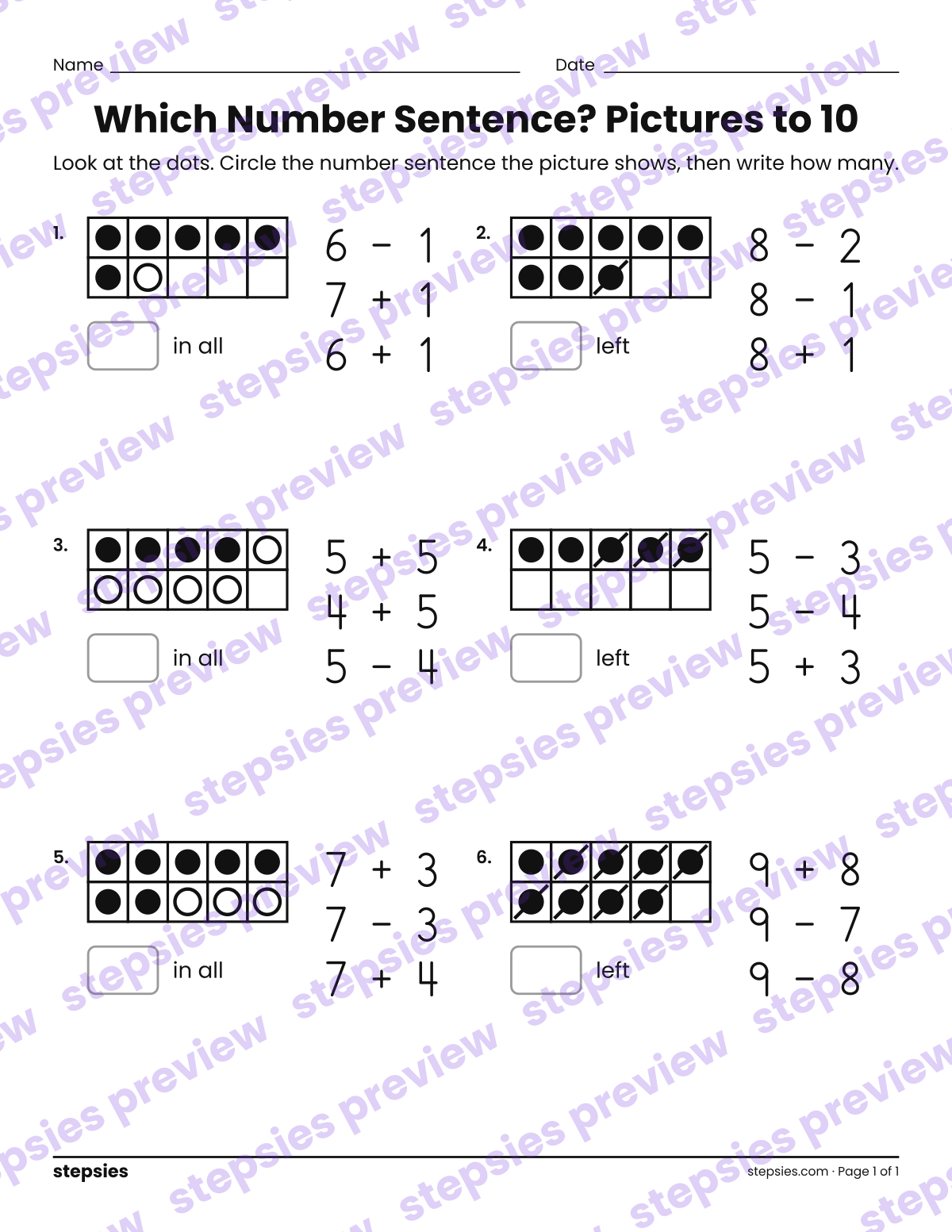 Which Number Sentence? Pictures to 10: page 1 of a printable Kindergarten Math worksheet