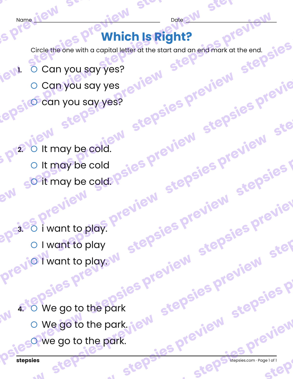 Which Is Written the Right Way?: page 1 of a printable Grade 1 Language worksheet