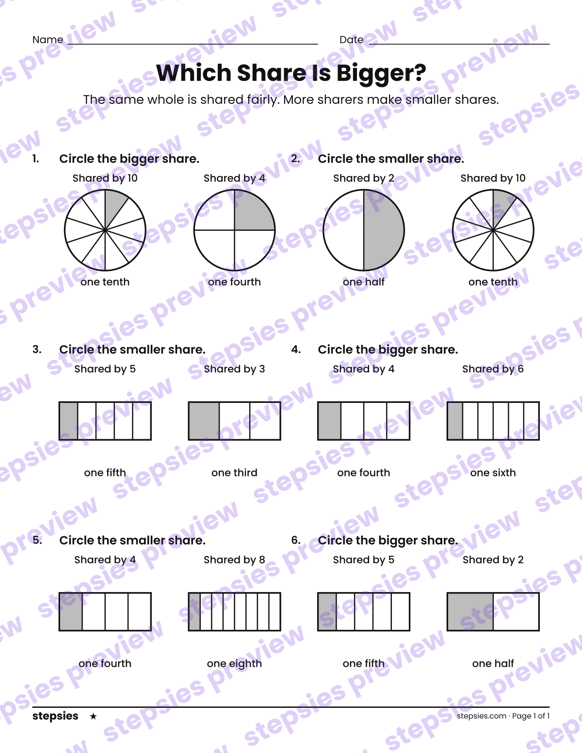 Which Share Is Bigger?: page 1 of a printable Grades 1 and 2 Math worksheet