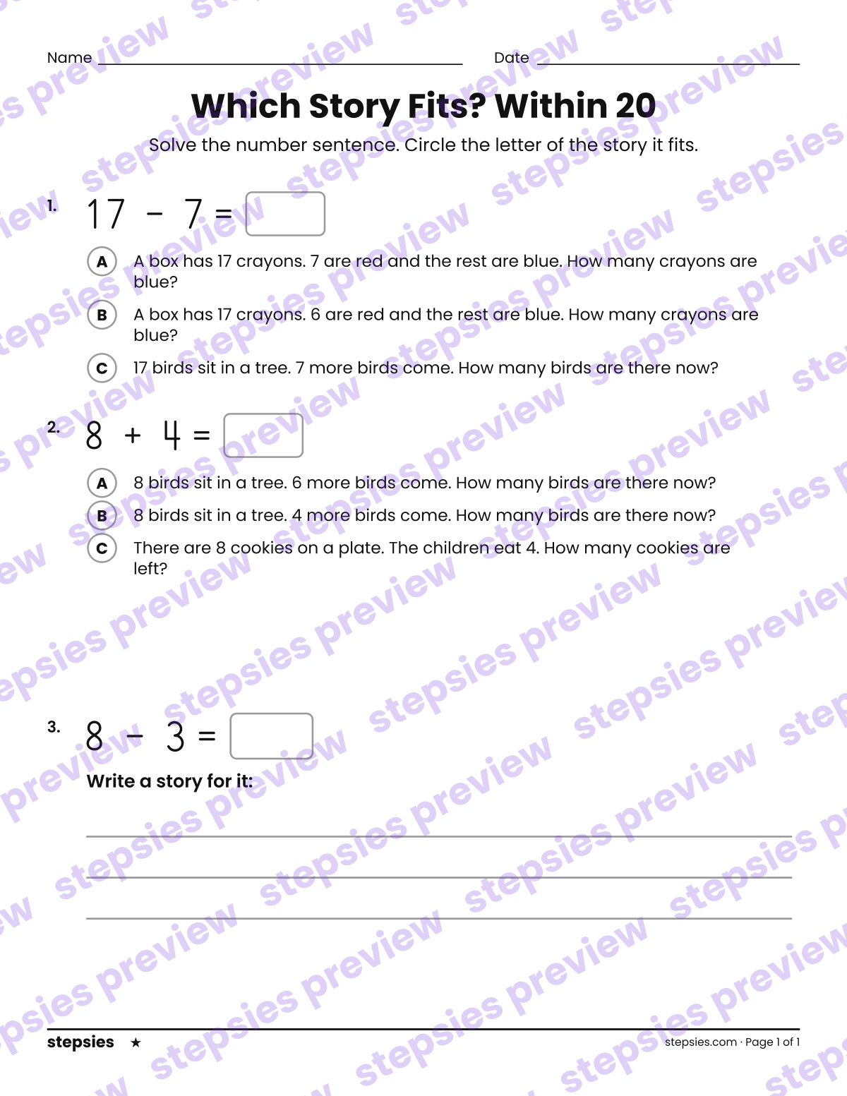 Which Story Fits? Within 20: page 1 of a printable Grade 1 Math worksheet