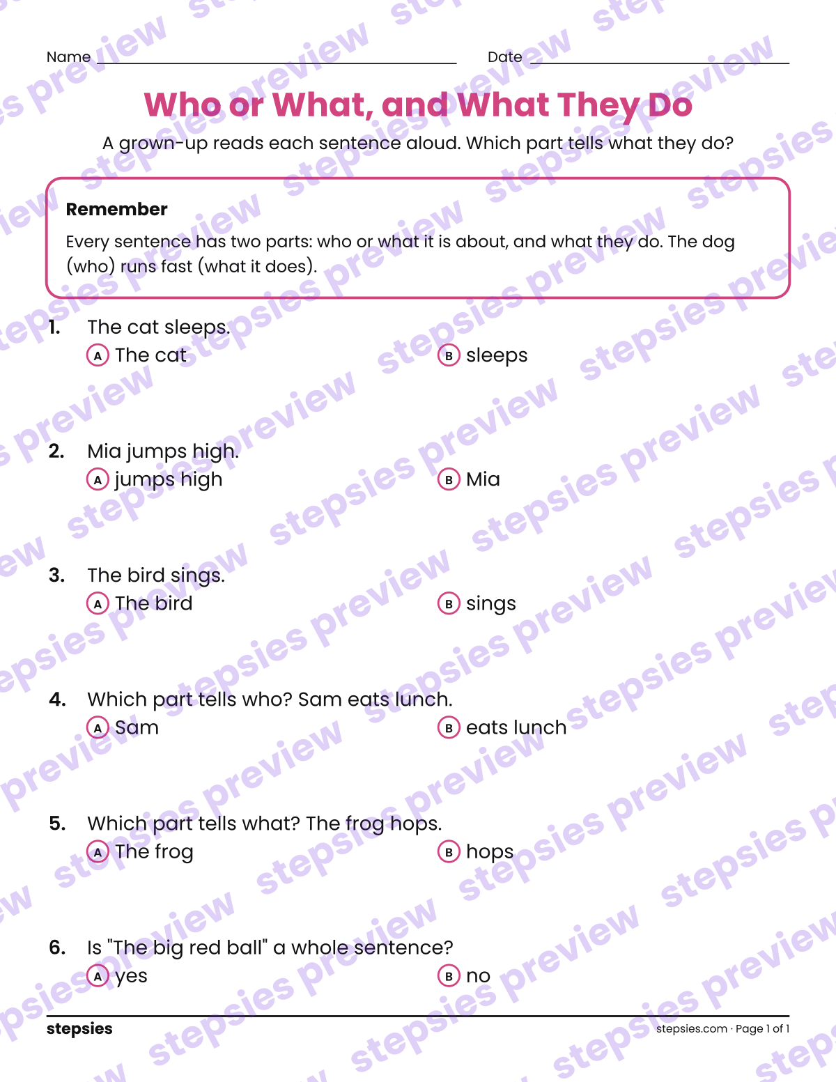 Who or What, and What They Do: page 1 of a printable Kindergarten Language worksheet