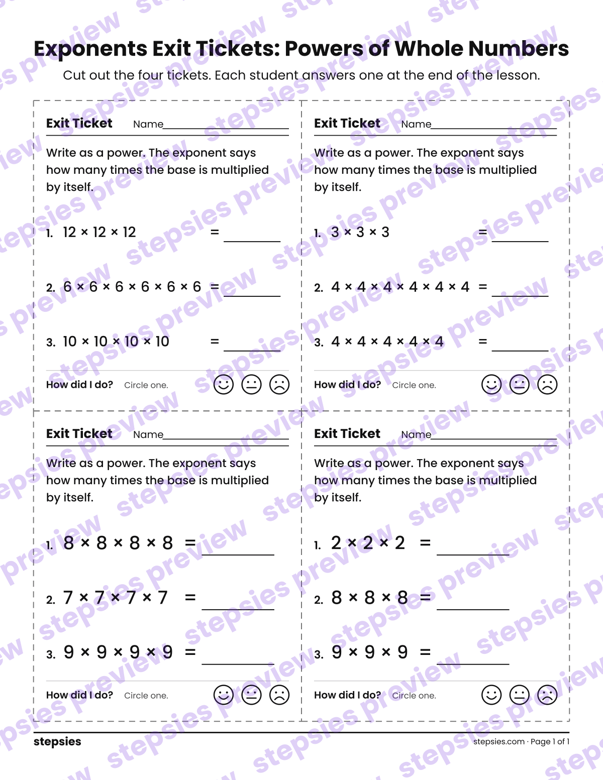 Exponents Exit Tickets: Powers of Whole Numbers: page 1 of a printable Grade 6 Math worksheet