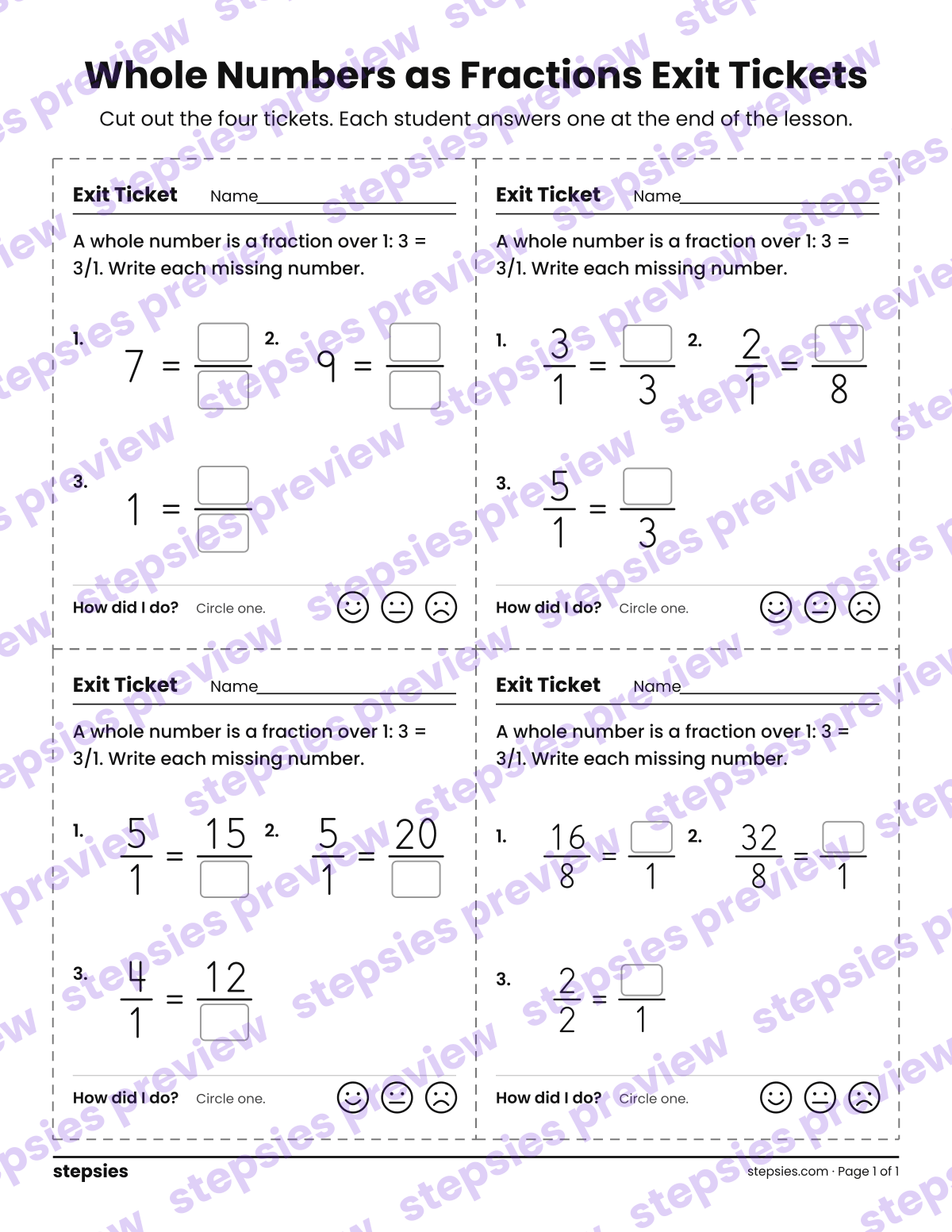 Whole Numbers as Fractions Exit Tickets: page 1 of a printable Grade 3 Math worksheet