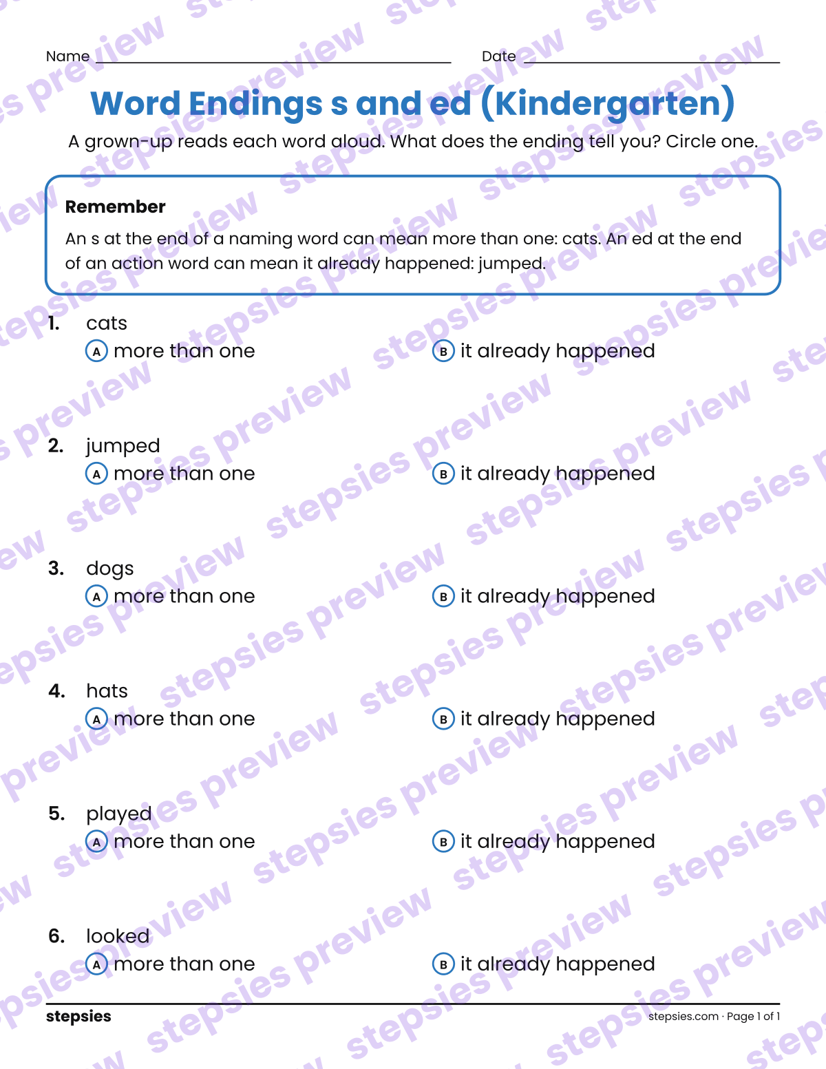 Word Endings s and ed (Kindergarten): page 1 of a printable Kindergarten Language worksheet