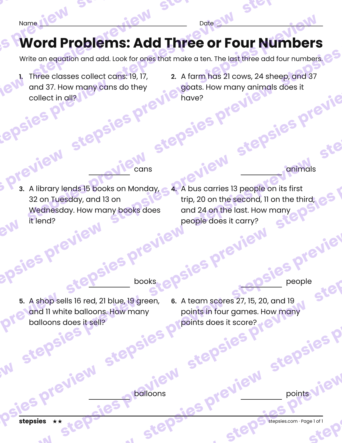 Word Problems: Add Three or Four Numbers: page 1 of a printable Grade 2 Math worksheet