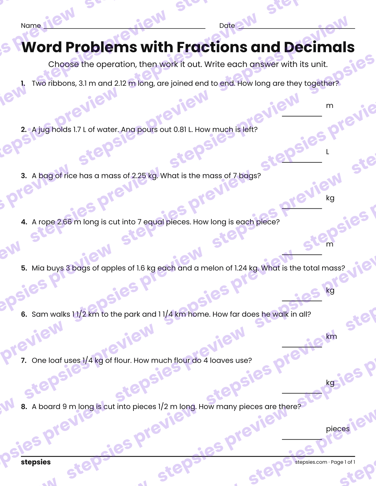 Word Problems with Fractions and Decimals: page 1 of a printable Grades 5 and 6 Math worksheet