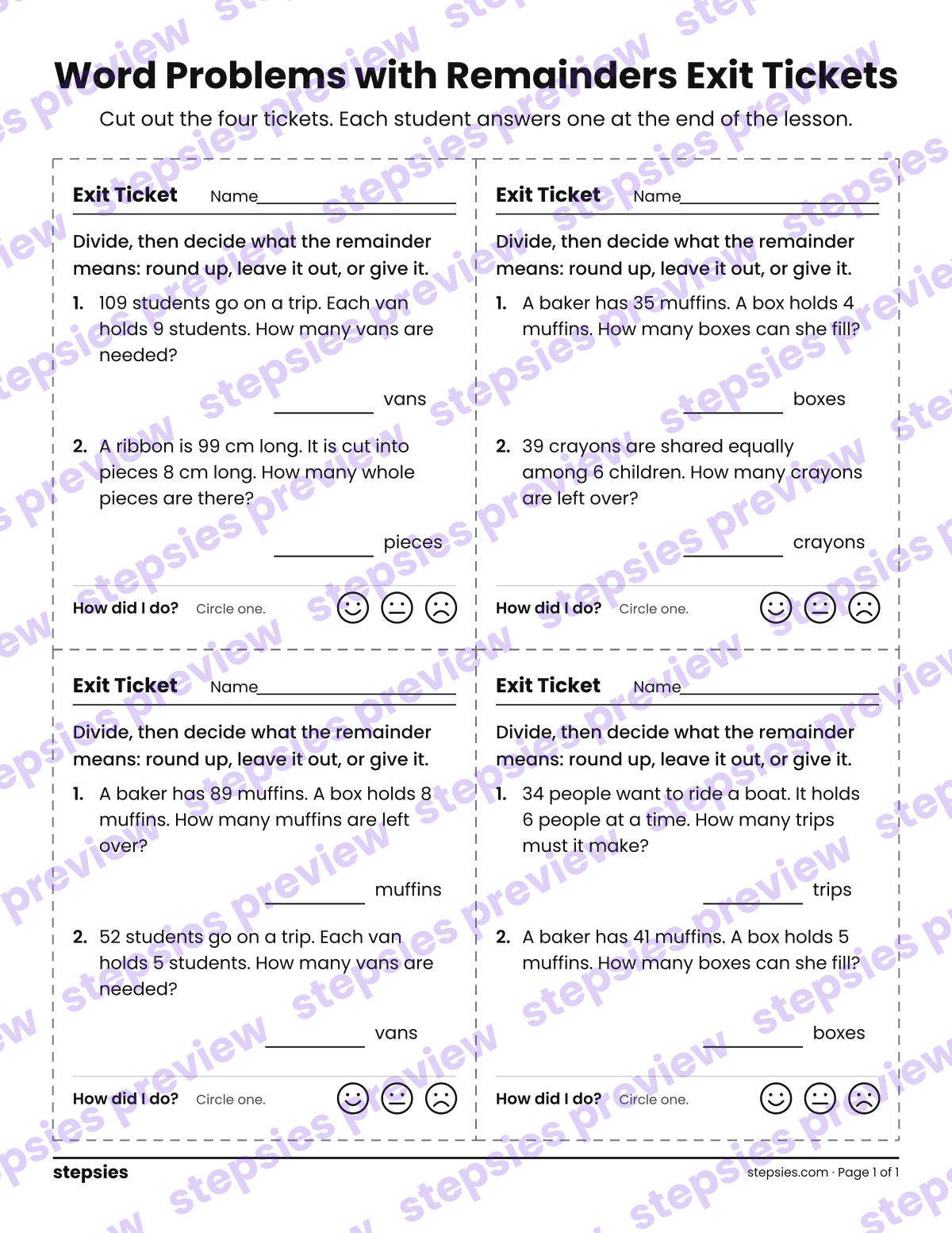 Word Problems with Remainders Exit Tickets: page 1 of a printable Grade 4 Math worksheet