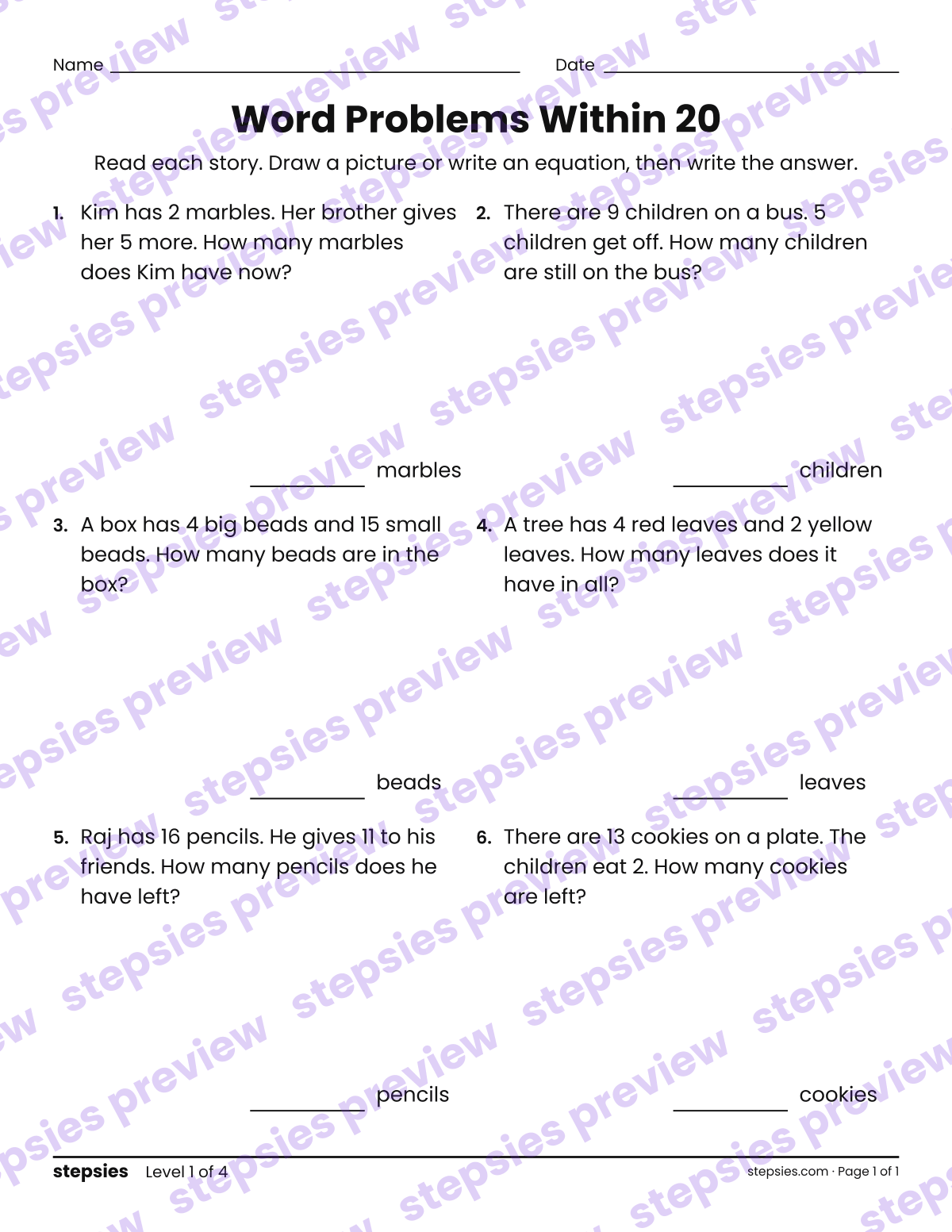 Word Problems Within 20: page 1 of a printable Grade 1 Math worksheet