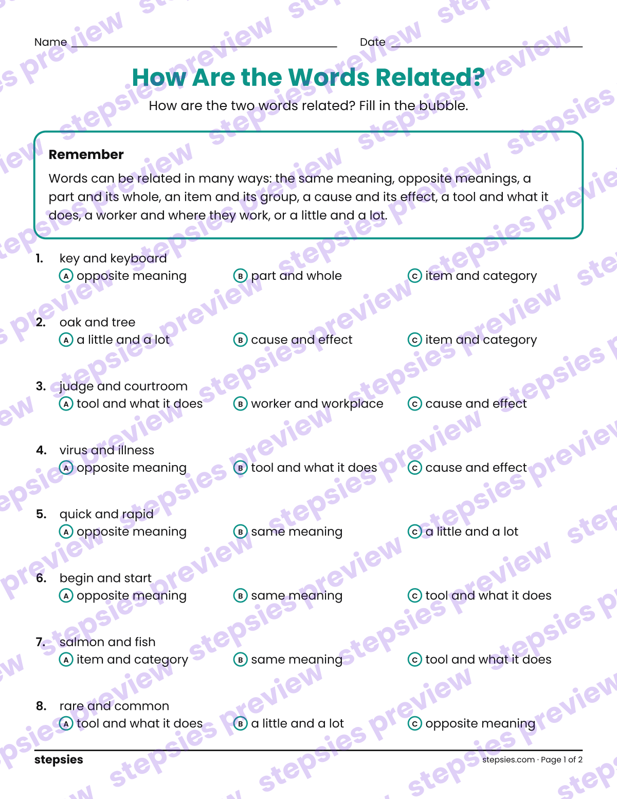 How Are the Words Related?: page 1 of a printable Grades 6–8 Language worksheet