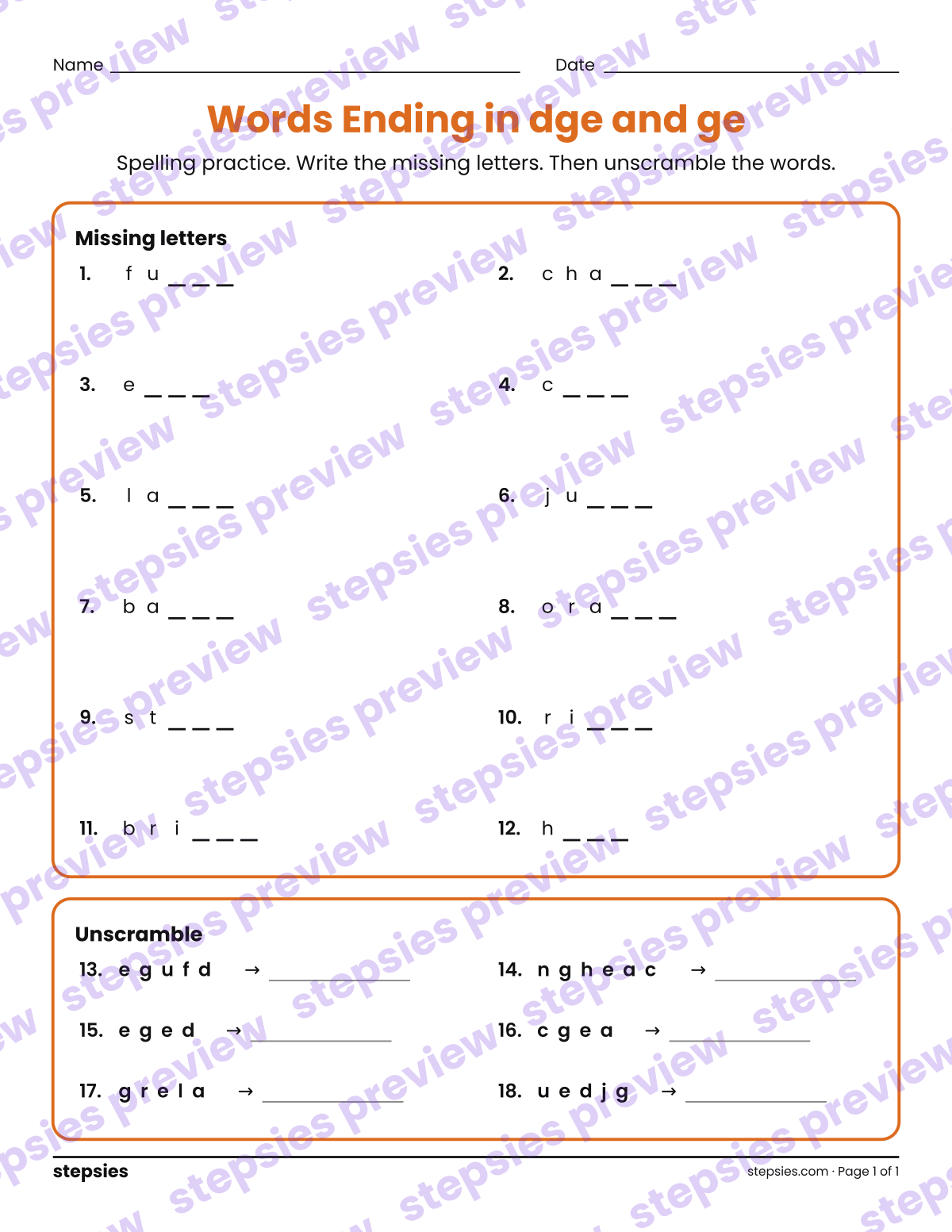 Words Ending in dge and ge: Spelling Practice: page 1 of a printable Grade 3 Language worksheet