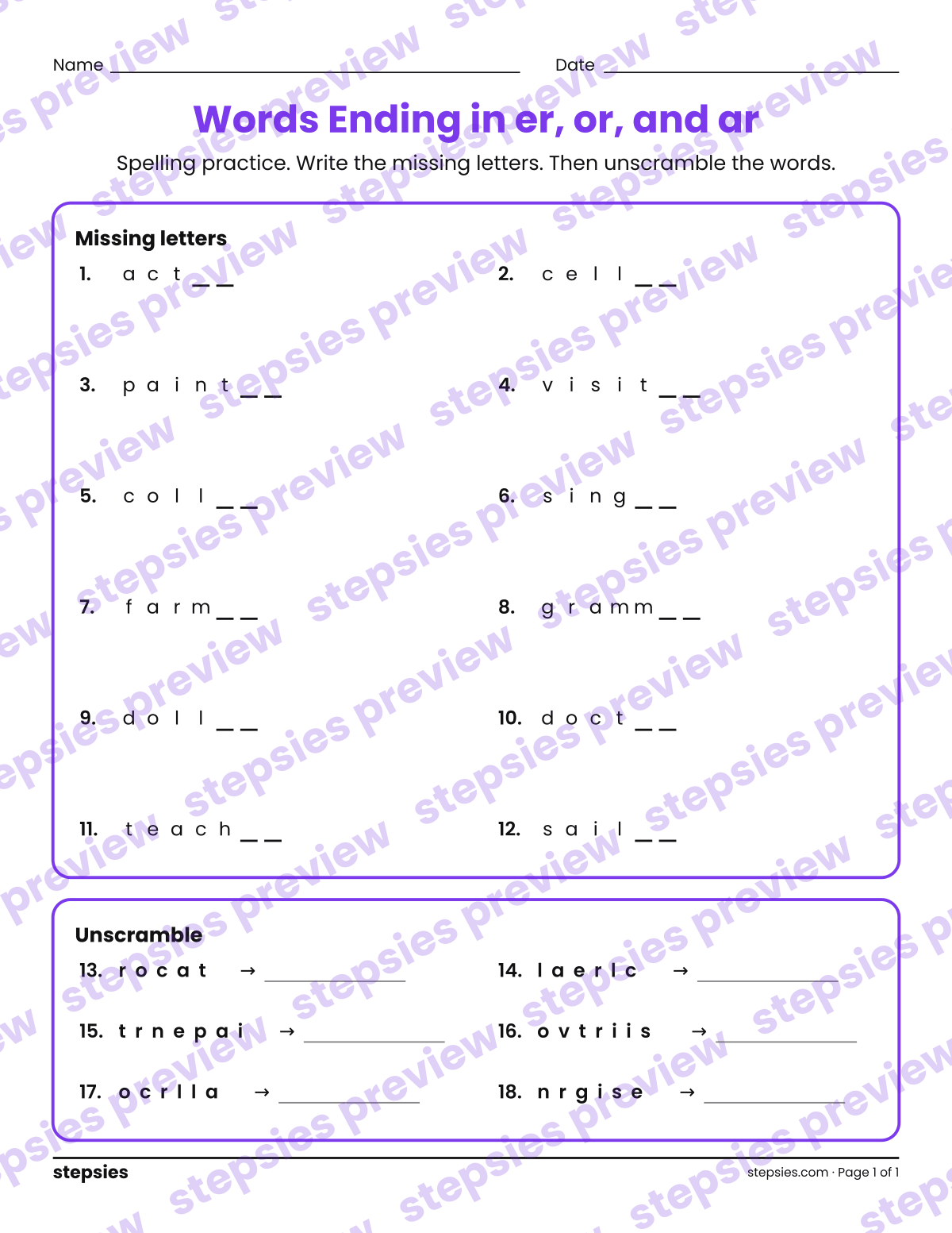 Words Ending in er, or, and ar: Spelling Practice: page 1 of a printable Grade 4 Language worksheet