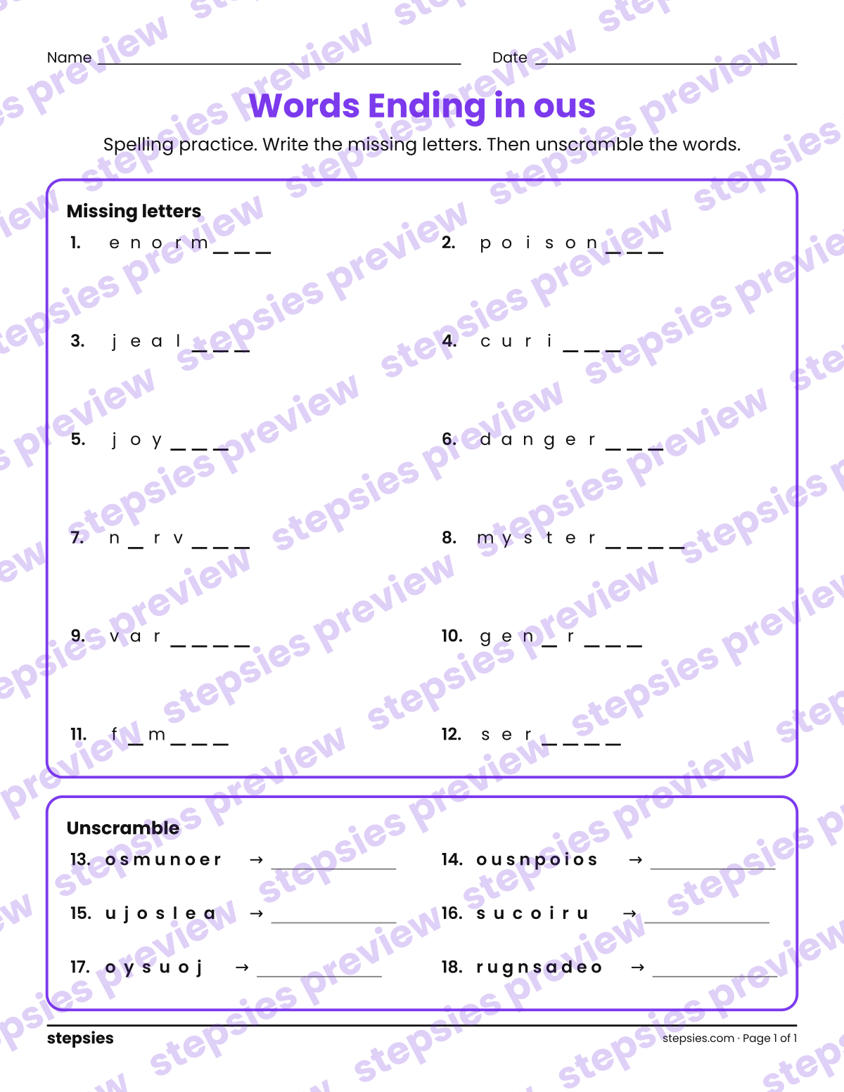Words Ending in ous: Spelling Practice: page 1 of a printable Grade 4 Language worksheet