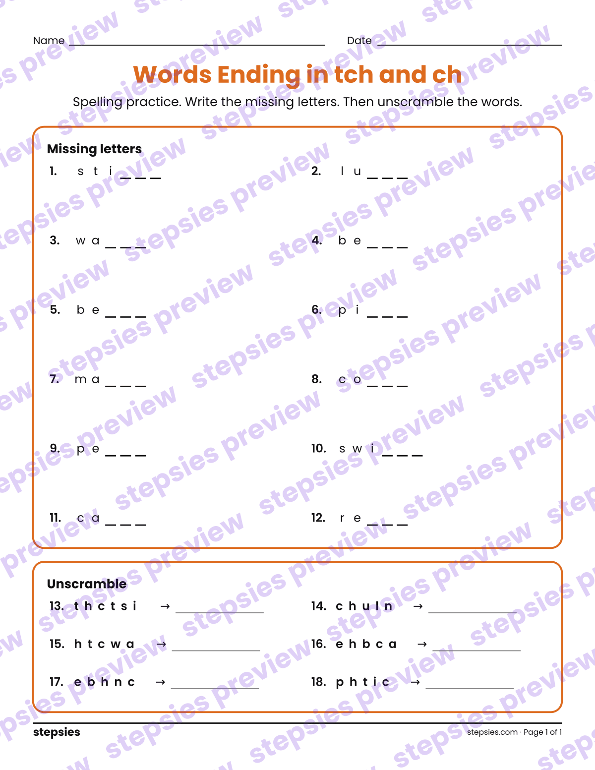 Words Ending in tch and ch: Spelling Practice: page 1 of a printable Grade 3 Language worksheet