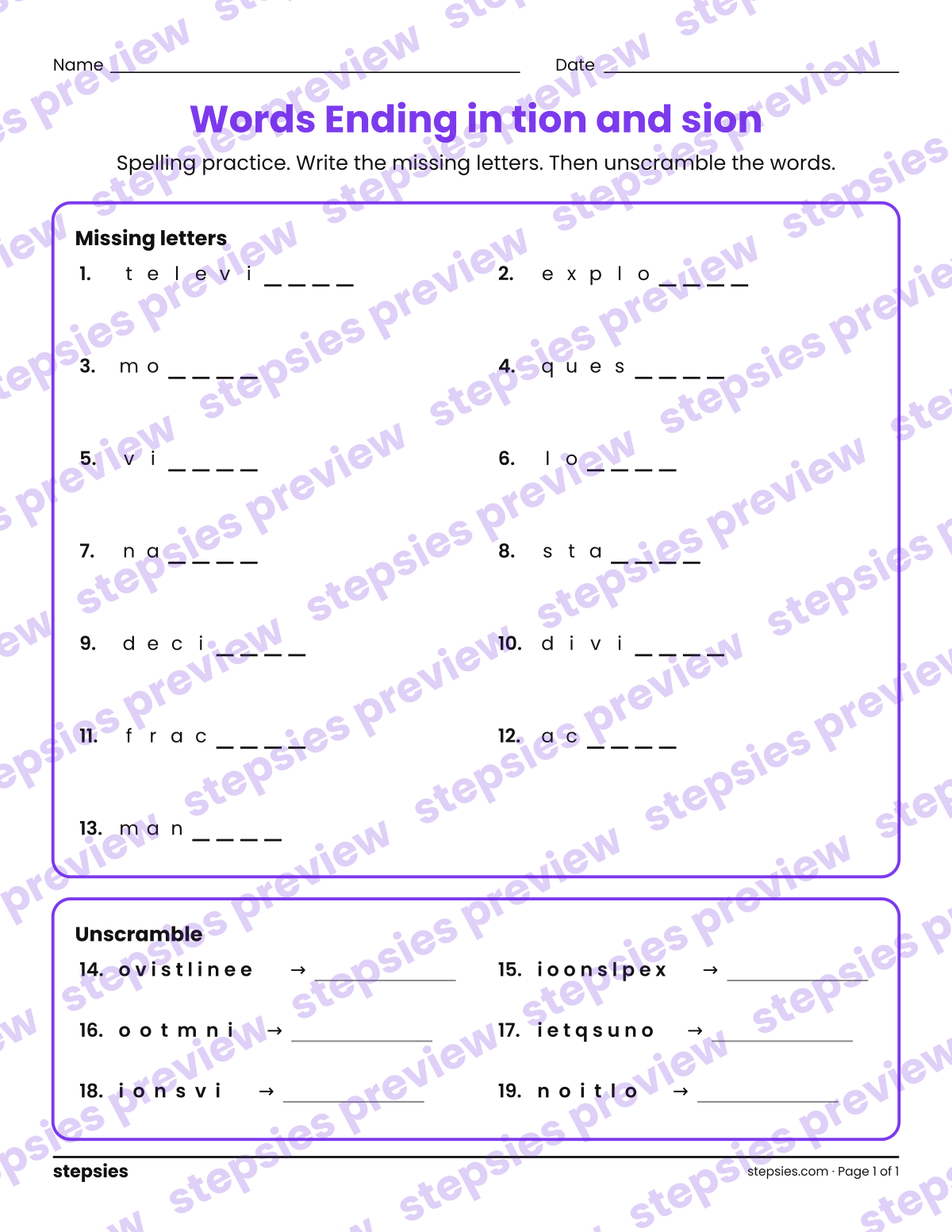 Words Ending in tion and sion: Spelling Practice: page 1 of a printable Grade 4 Language worksheet
