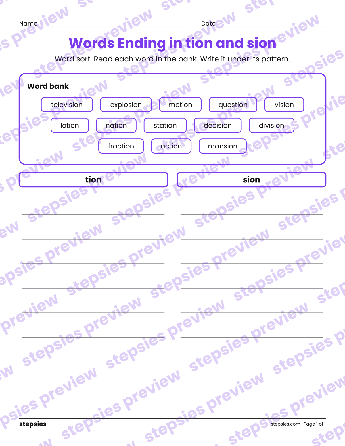 Words Ending in tion and sion: Word Sort: page 1 of a printable Grade 4 Language worksheet