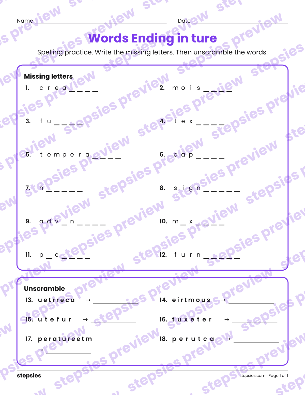 Words Ending in ture: Spelling Practice: page 1 of a printable Grade 4 Language worksheet