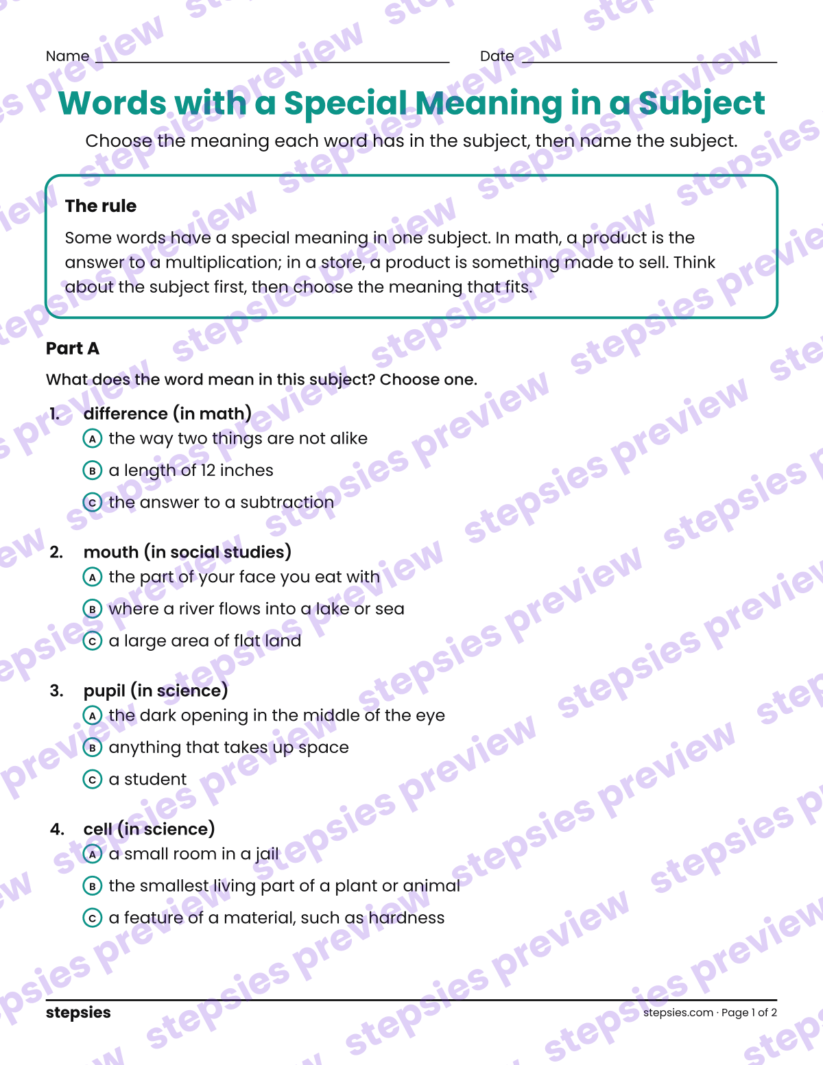 Words with a Special Meaning in a Subject: page 1 of a printable Grade 5 Language worksheet
