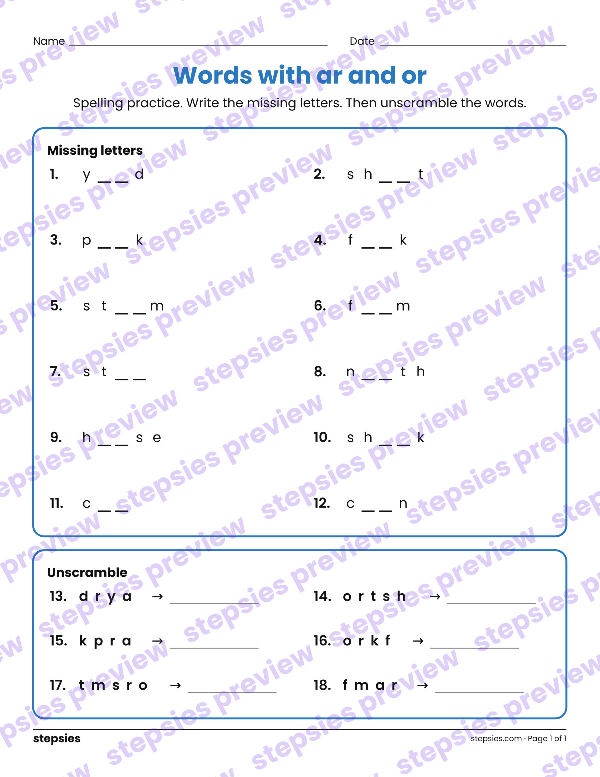 Words with ar and or: Spelling Practice: page 1 of a printable Grade 2 Language worksheet