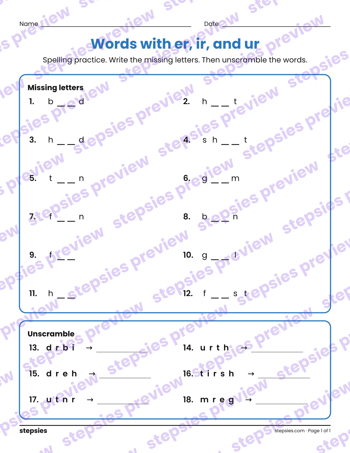 Words with er, ir, and ur: Spelling Practice: page 1 of a printable Grade 2 Language worksheet