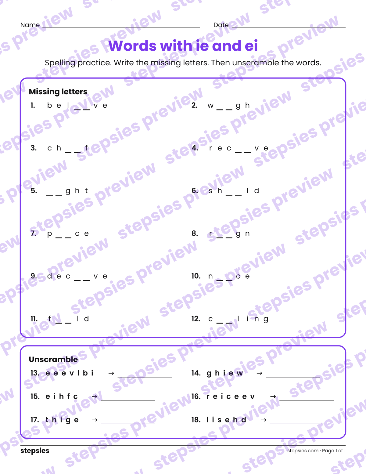 Words with ie and ei: Spelling Practice: page 1 of a printable Grade 4 Language worksheet