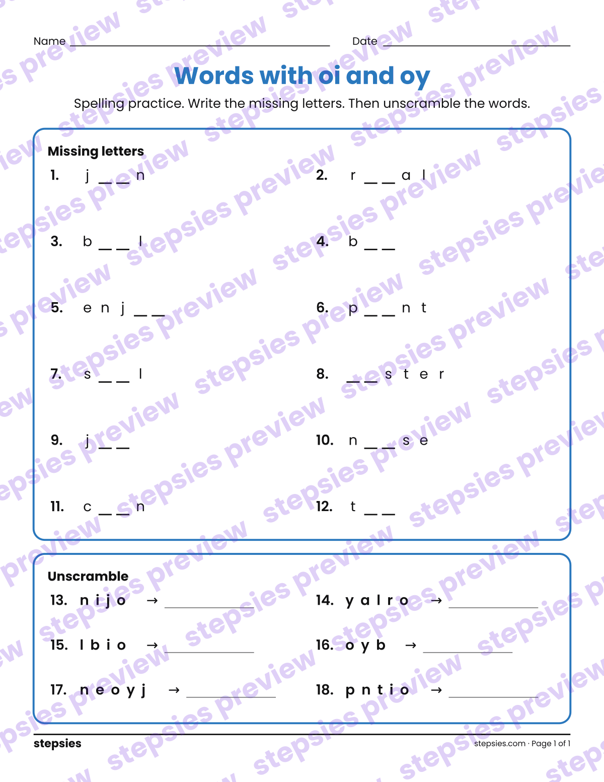 Words with oi and oy: Spelling Practice: page 1 of a printable Grade 2 Language worksheet