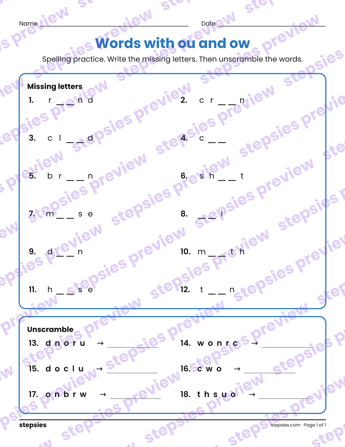 Words with ou and ow: Spelling Practice: page 1 of a printable Grade 2 Language worksheet