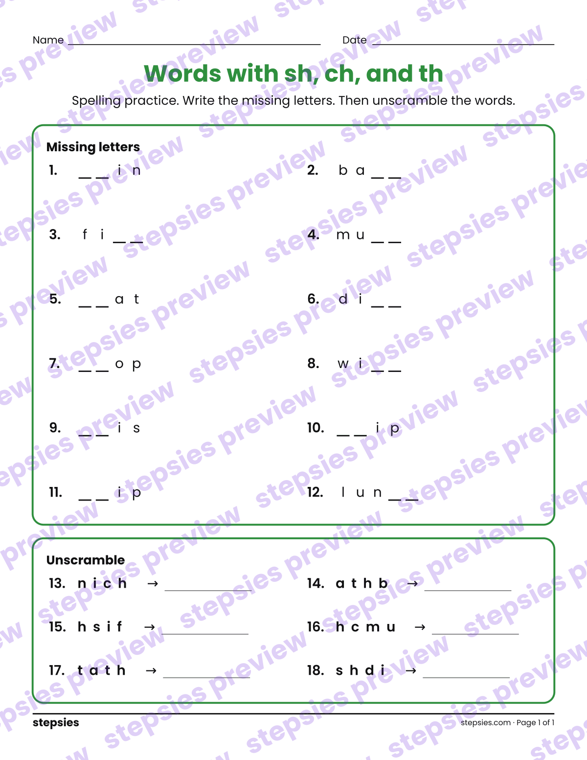 Words with sh, ch, and th: Spelling Practice: page 1 of a printable Grade 1 Language worksheet
