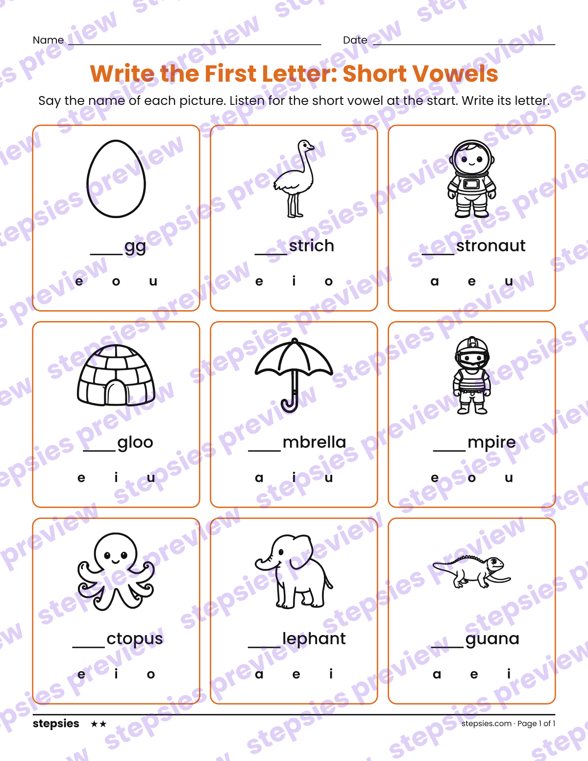 Write the First Letter: Short Vowels: page 1 of a printable Kindergarten and Grade 1 Language worksheet
