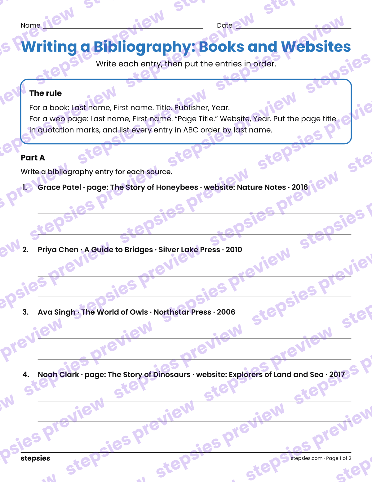 Writing a Bibliography: Books and Websites: page 1 of a printable Grade 5 Language worksheet